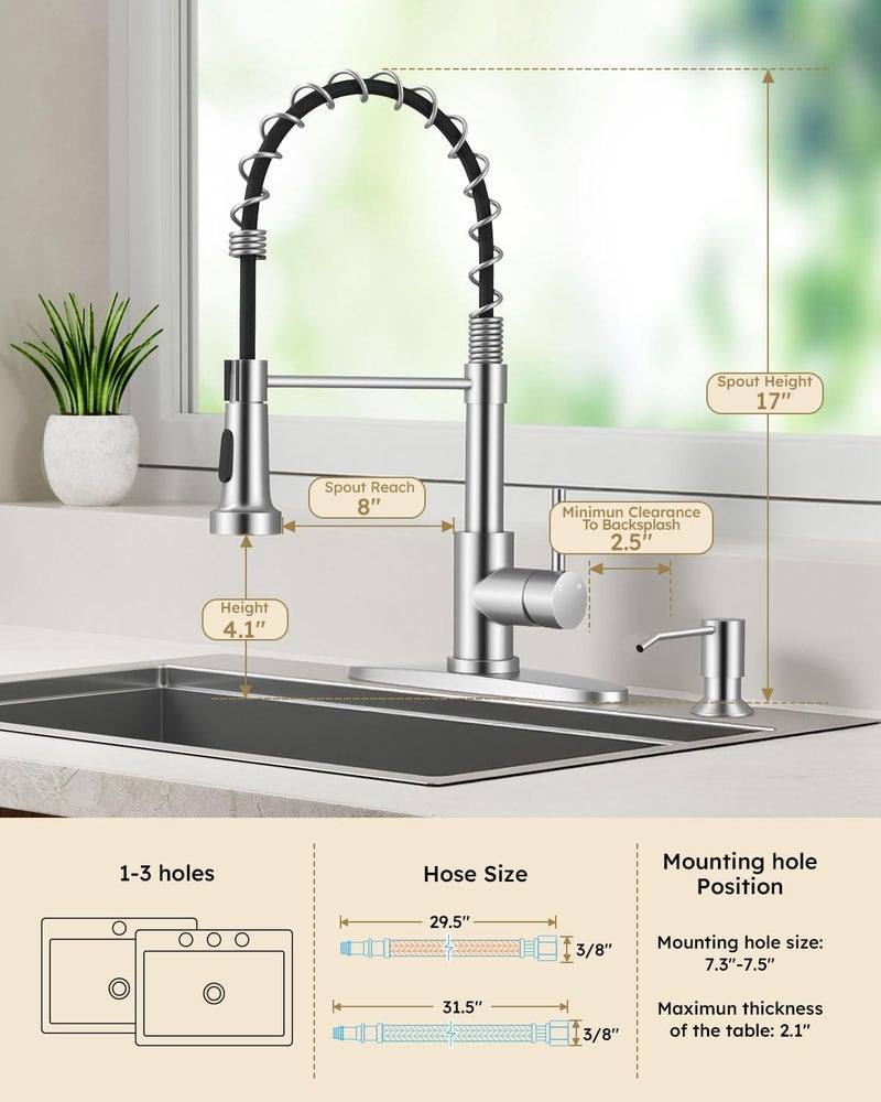 Arofa Kitchen Faucet with Soap Dispenser, Stainless Steel Sink Faucets with Pull-Down Sprayer 2 Mode, Single Handle RV Faucet for 1 or 3 Hole, Brushed Nickel Kitchen Faucets with Sprayer - Image 3